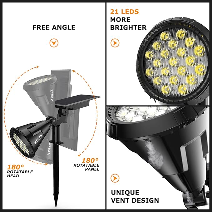 Solar Spot Lights Outdoor, 21 LEDs Solar Outdoor Lights Auto On/Off with 3 Modes, IP67 Waterproof Solar Yard Spotlight Landscape Lighting Garden Wall Lights, 2-in-1 Solar Powered Lights, 2Pack