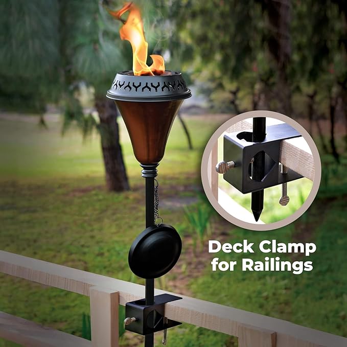 Garden Torch Large Flame - Deco Home Garden Torch Set of 2 | Citronella Garden Outdoor/Patio Outdoor Lighting Torch for Party Patio Pathway with Spikes and Deck Clamp | Caramel Black