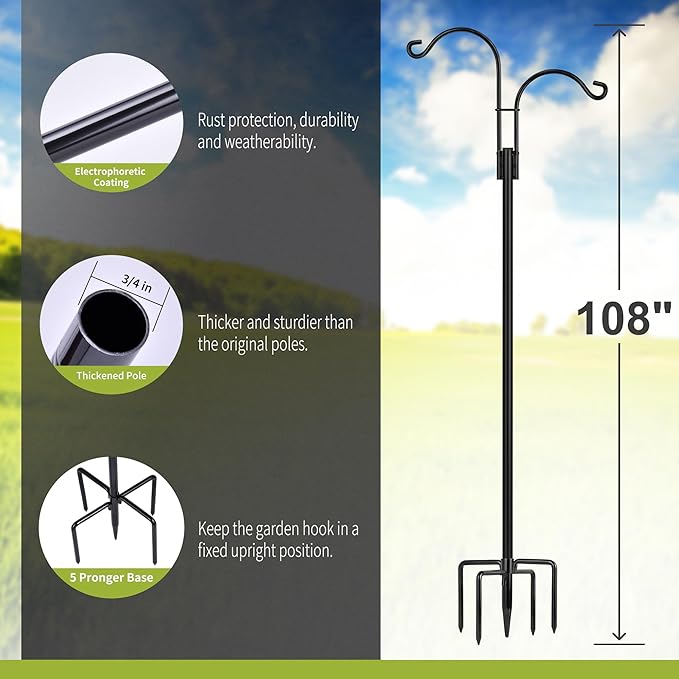 XDW-GIFTS Double Shepherds Hooks for Outdoor, 2-Pack Heavy Duty Garden Pole for Hanging Bird Feeder, Plant Baskets, Solar Light Lanterns, Garden Plant Hanger Stands with 5 Base Prongs