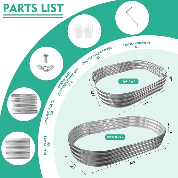 72X36X12 Inches Oval Galvanized Metal Garden Raised Bed/Plant Box for Planting,36 Inches Diameter Metal Fire Pit Ring,Small Animal Fence-3 in 1 Modular Design in Silver (6X3X1 FT, Oval)