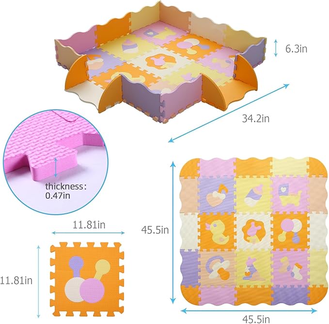 Foam Play Mat for Kids，25Pcs Square Interlocking Puzzle Floor Mat，Baby Play Mat Floor Mat Foam Puzzle Playmat for Toddlers with Fence（Comprehensive-CSH013
