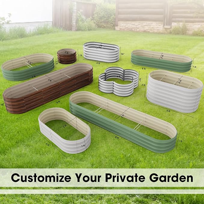 4x2ft Oval Galvanized Raised Garden Bed Kits 16" Tall Outdoor Large Metal Modular Planter Box 9-in-1 Raised Beds for Gardening,Vegetables,Fruits,Flowers & Herbs (White)