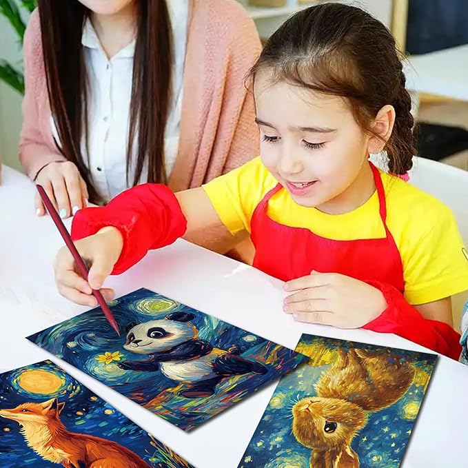 Georgie Porgy Scratch Paper Art Set for Kids Adults Magic Rainbow Scratchboards for DIY Arts and Crafts Kits Christmas Birthday Gift with Scratching Tools Kit (A5-Noctilucent Animals + Racing Cars)