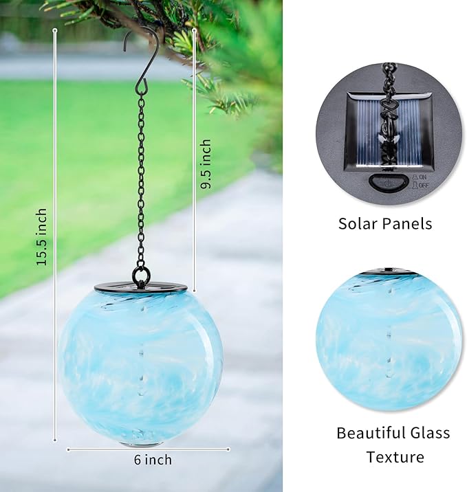 VCUTEKA Solar Chandelier Outdoor, Hanging Glass Solar Light with Hook Up, Garden Lanterns Decor for Yard, Tree and Patio, Blue