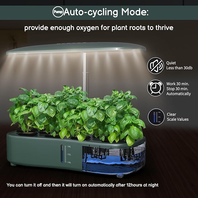 Hydroponics Growing System Kit 12Pods, Birthday Gifts for Mom Women, Herb Garden Indoor with LED Grow Light for Home, Adjustable Height Up to 17", 12Pods,Auto-Timer (Dark Green)