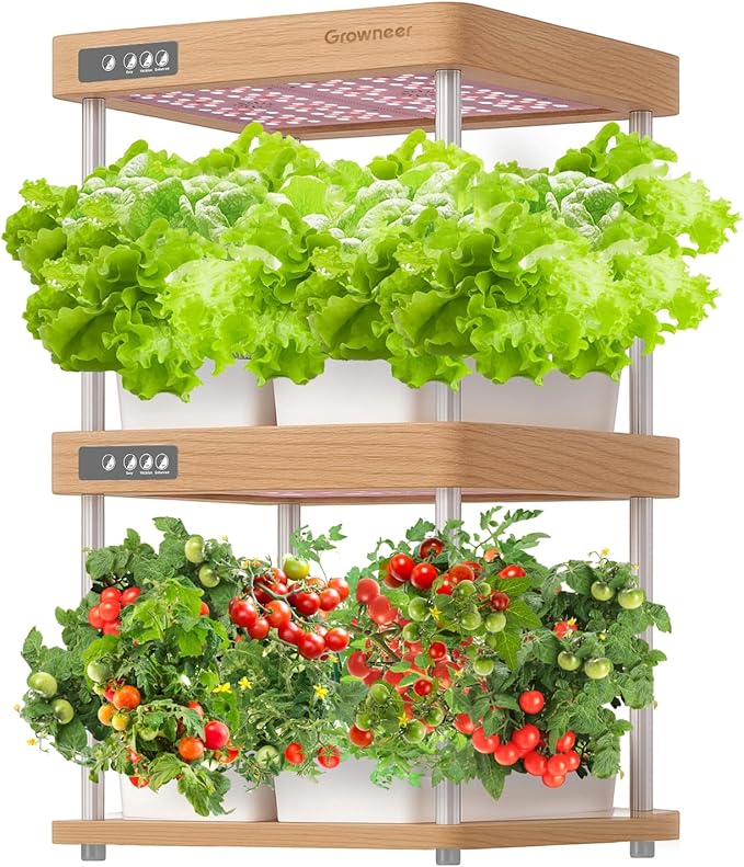 GROWNEER HydroEasy1.0 Hydroponics Growing System Kit, Beginner-Friendly Indoor Garden for Vegetable Fruit Herb, Red Oak Design, Perfect Gift Idea, Full-Spectrum LED Lights for Maximum Growth
