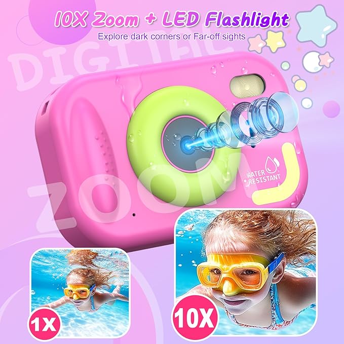 Kids Camera Waterproof IP68, 1080P HD Underwater Camera for Kids Ages 3-12 with Toy-Grade ABS Plastic, Kids Digital Camera for Children Outdoor Swimming Snorkeling Birthday Gift, Rose Red