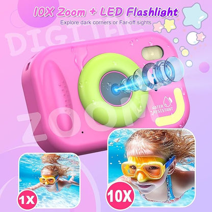 Kids Camera Waterproof IP68, 1080P HD Underwater Camera for Kids Ages 3-12 with Toy-Grade ABS Plastic, Kids Digital Camera for Children Outdoor Swimming Snorkeling Birthday Gift, Rose Red