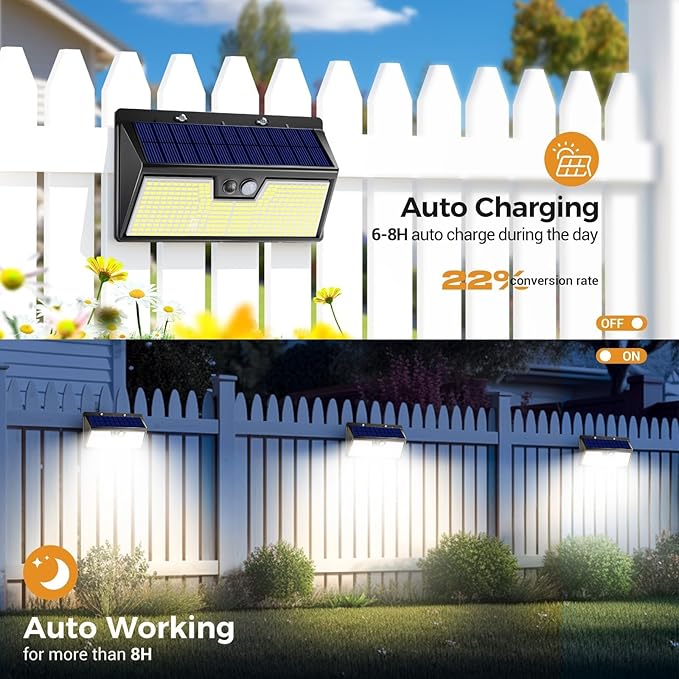 4 Pack Solar Lights Outdoor Motion Sensor, 318 LED Waterproof Fence Light with 3 Lighting Mode, Cool White LED Deck Light for Outside Wall Yard Chichen CoopGarden