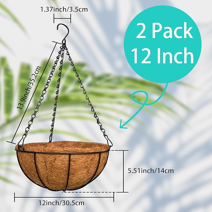 ZeeDix 2 Pack 12 Inch Metal Round Hanging Planter Basket with Coconut Liners Replacement, Hanging planters Baskets with Natural Coco Liner for Outdoor Indoor Planters Flowers Vegetables