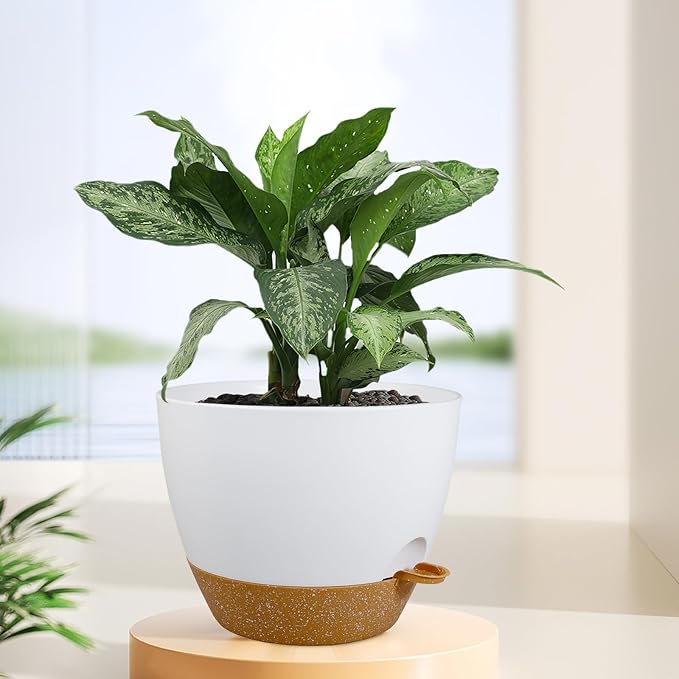 12 inch Large Self Watering Pots for Indoor Outdoor Plants, Plant Pots with Mesh Drainage Holes for Garden House Plants, Plastic Planters with Reservoir for Flower Plants, White with Brown
