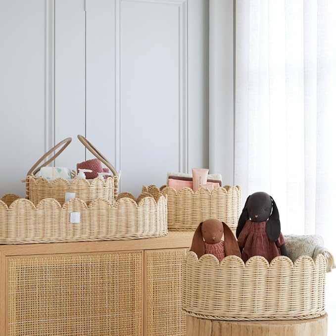 BEBE BASK Premium Scalloped Basket Set Of 2 - Scallop Basket - 16 x 10 x 7 Inch - Hand-Woven Elegant Wicker With Scalloped Edge - Nursery Storage (Natural)