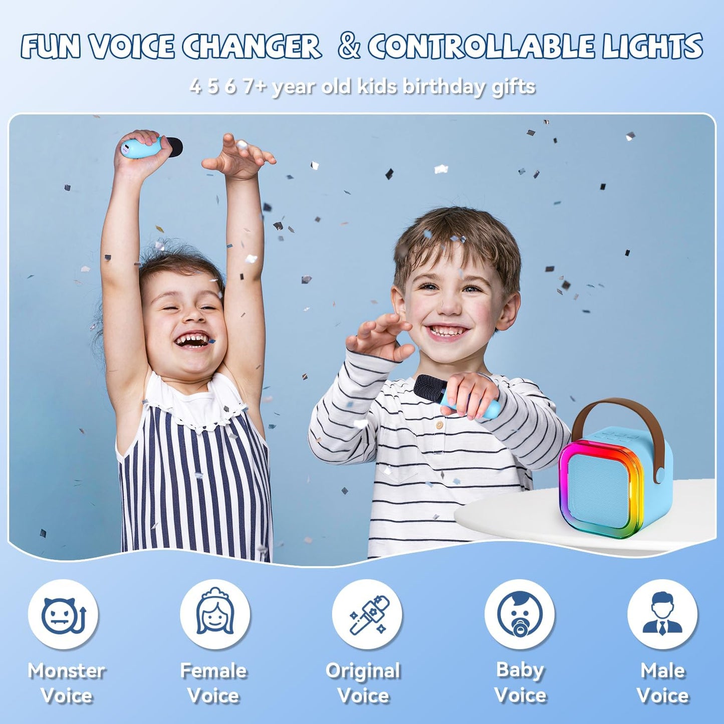 【2025 Newest】 Mini Karaoke Machine for Kids Girls & Boys - Portable Bluetooth Speaker with 2 Wireless Microphones - Kids Birthday Gifts for Ages 4-10 - Kids' Instrument Accessories - Blue