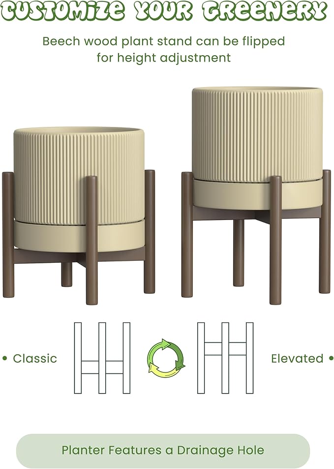 Ceramic Planter Pots Indoor with Drainage Hole & Saucer,Including Stand,7.3 Inch Mid-Century Modern Cylinder Plant Pot for Snake Flower Leaf Khaki