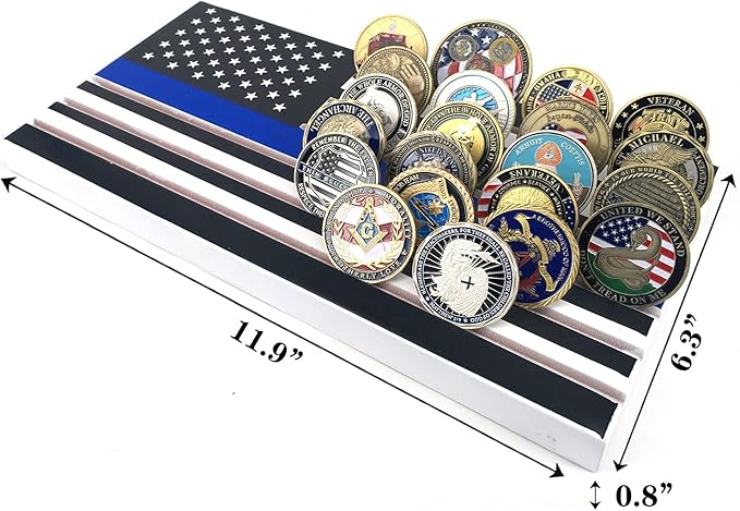 6-Row American Flag Challenge Coin Display Stand - Thin Blue Line, Holds 42-46 Coins