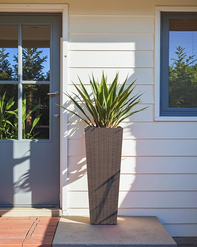 Greesum 32 Inch Tall Plastic Planters with Rattan Texture – Set of 2, Detachable Inner Pot & Drainage Holes, Indoor/Outdoor Decorative Flower Pots for Large Plants, Trees, Patio, and Garden, Brown