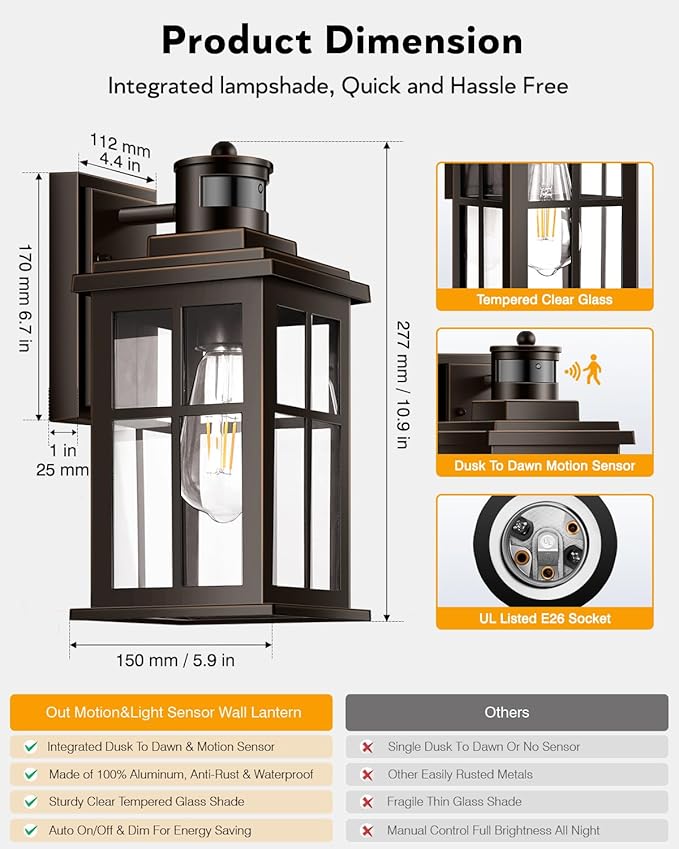Distance-Adjustable Motion Sensor Outdoor Lights, Oil Rubbed Bronze Wall Mounting Porch Light, Waterproof Dusk to Dawn Exterior Lighting Fixtures Sconce, Anti-Rust Outdoor Lanterns for Porch