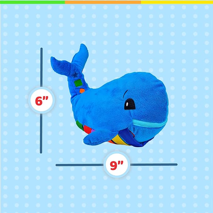 Buckle Toys Blu Whale Stuffed Animal Montessori Toys for Toddlers 1-3, Learning Activity Toy & Sensory Toys to Develop Fine Motor Skills and Problem Solving, Classroom and Toddler Travel Essential