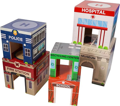 6 Wooden Stacking City Buildings - Nesting Community Helpers Building Boxes - Wood Sorting Cubes Town Play Set for Mats, Toy Cars and Trains - Educational Preschool Track Accessories Learning Toddler