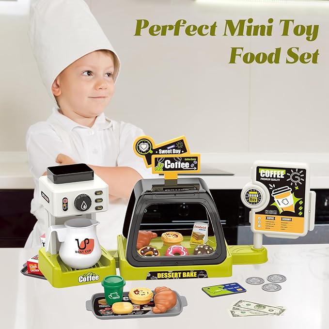 Kids Coffee Maker Play Set: Coffee, Cash Register, Play Food (Coffee, Donuts, Cookies, Egg Tarts, Croissants), Play Money - Educational Toy Kitchen Ages 3+