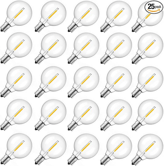 Brightown G40 Replacement LED Light Bulbs, 25 Pack Clear Globe Bulb fits E12 C7 Candelabra Screw Base Sockets, 1.5 Inch Dimmable Edison Light Bulbs for Indoor Outdoor Patio Decor, Warm White