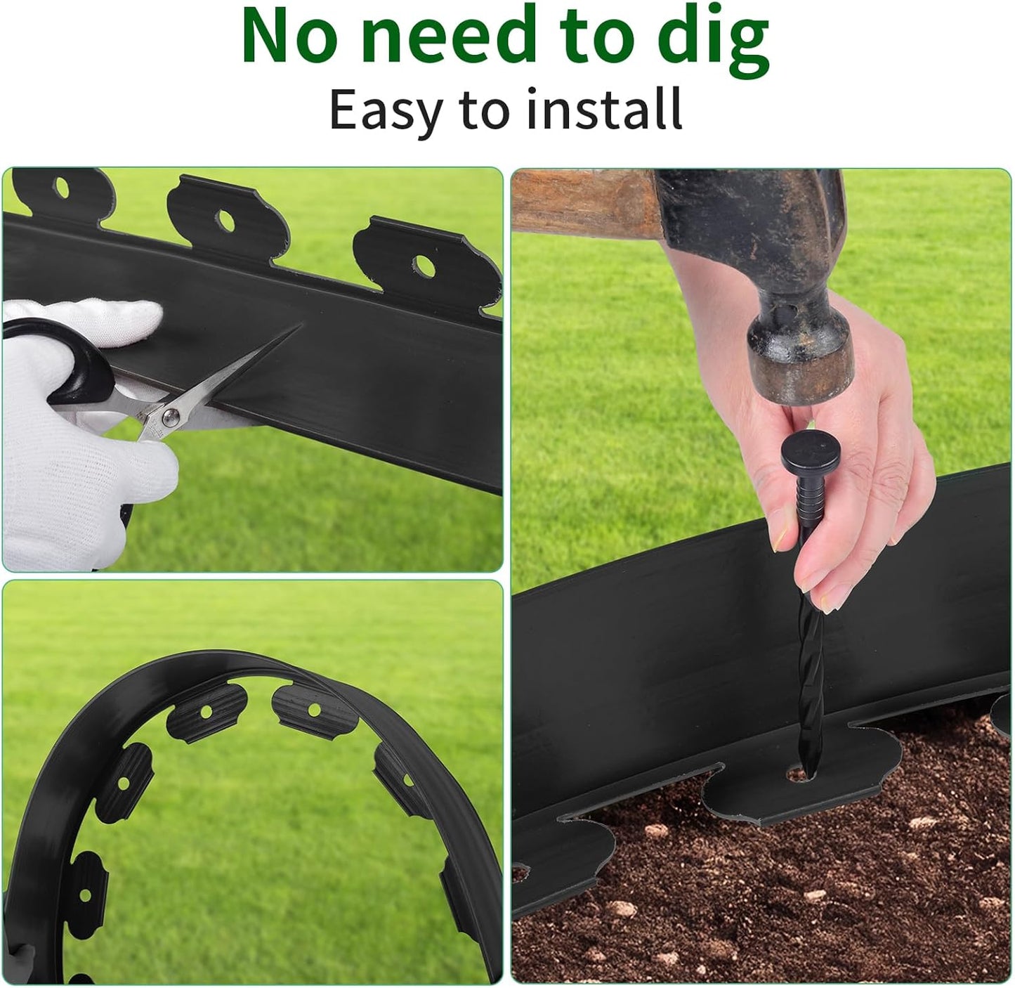 2 in x 25 Ft Garden Landscape Edging, No Dig Garden Edging Border Kit with 46 Pcs Spikes for Flower Bed Lawn Yard Grass Black