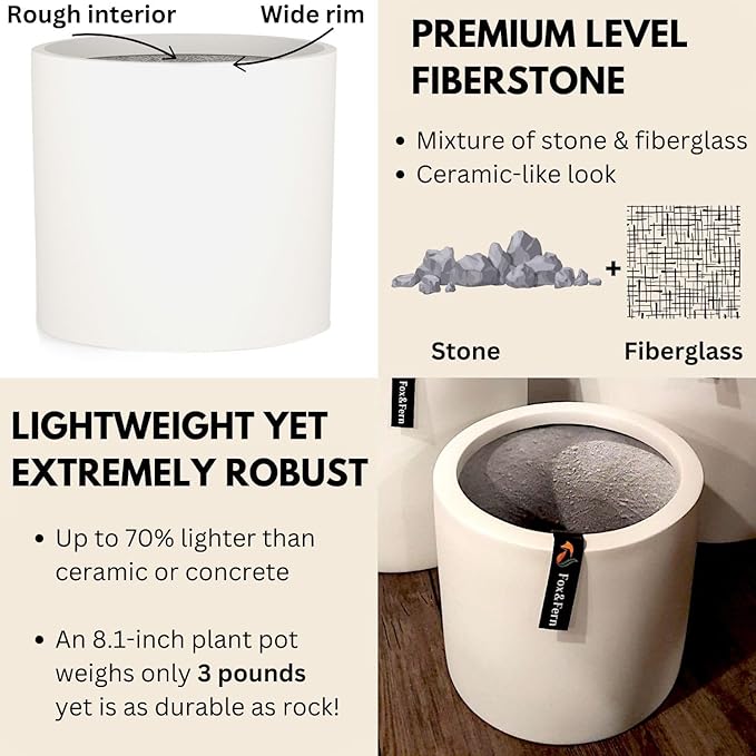 Fox & Fern 8 Inch Plant Pot with Drainage Plug — Premium Lightweight Fiberstone Matte White Planter; Indoor & Outdoor Planter; 8 Inch Pots for Plants; Weather Resistant & UV Resistant