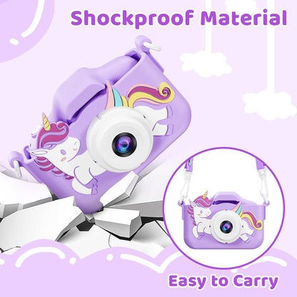 Kids Camera, Toys for Toddlers Age 3-8 Year Old Girl Christmas Birthday Gifts, Children Digital Camera with Cartoon Soft Silicone Cover and 32GB Card (Violet)