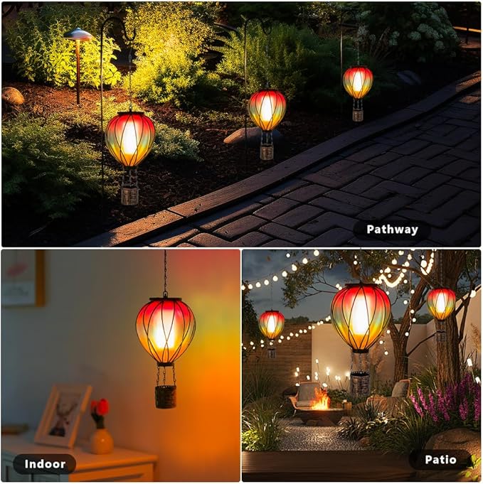 Hot Air Balloon Solar Lantern, 2 Pcs Solar Hot Air Balloon with Flickering Flame, Hanging Outdoor Lantern Waterproof Decor for Patio, Garden, Porch