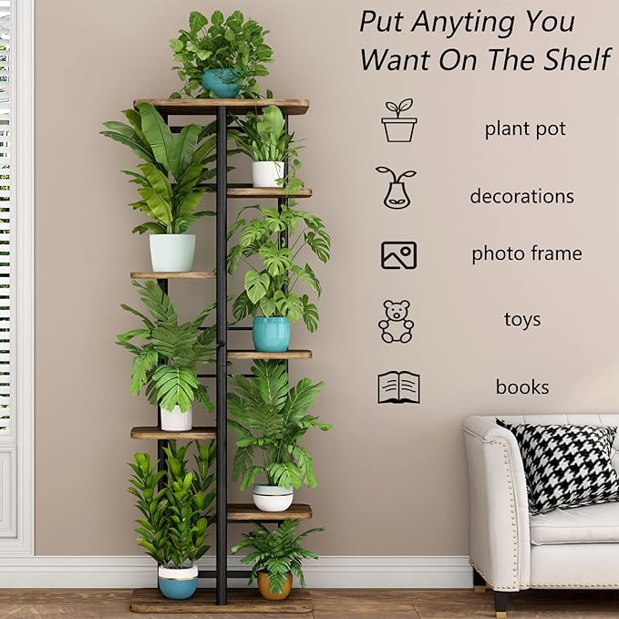 LINZINAR Plant Stand 7 Tier 8 Potted Multiple Flower Pot Holder Shelf Indoor Outdoor Planter Rack Storage Organizer for Patio Garden Corner Balcony Living Room (7 Tier-8 Potted, Black)