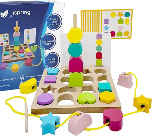 Jispring Puzzle Games for Dementia, 3-in-1 Color Matching Shapes, Wooden Shape Sorter for Alzheimers, Beads Sequencing for Elderly, Fidget Sensory Toys for Seniors, Keeping Hands Busy, Anxiety Relief