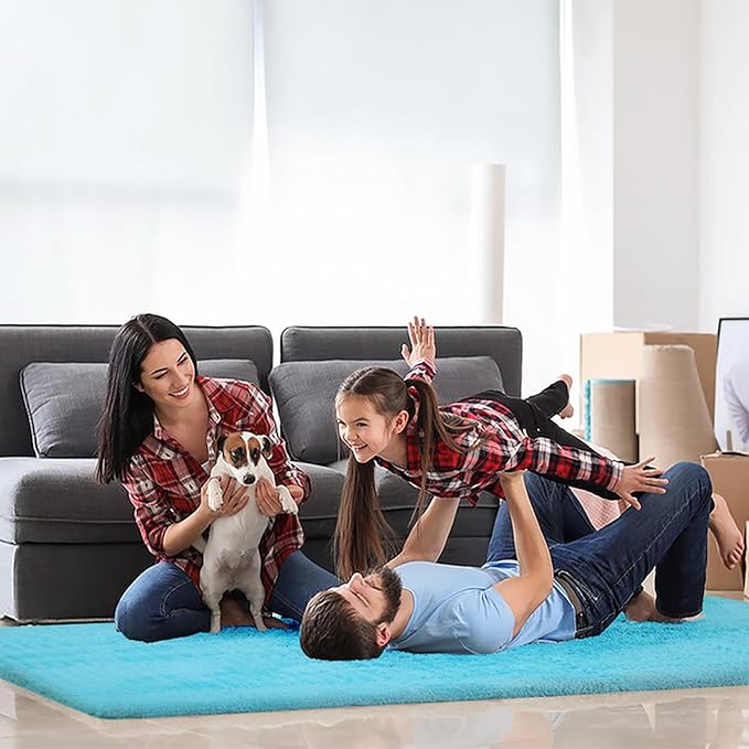 12 Pcs Plush Interlocking Carpet Tiles, Non-Toxic Foam Carpet Tiles for Toddler Baby, Machine-Washable, Anti-Slip, EVA Foam Interlocking Tiles for Floor, Nursery, Playroom, Blue