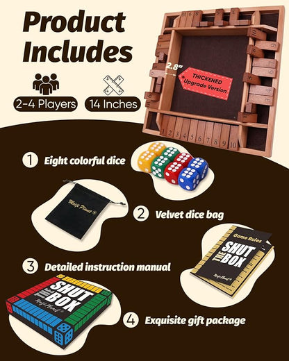 14" Deluxe Shut The Box Game, Math Dice Board Game for Travel, Wooden Table for Adult Senior, Travel Party Bar, Easy Quick and Fun, 2-4 Players