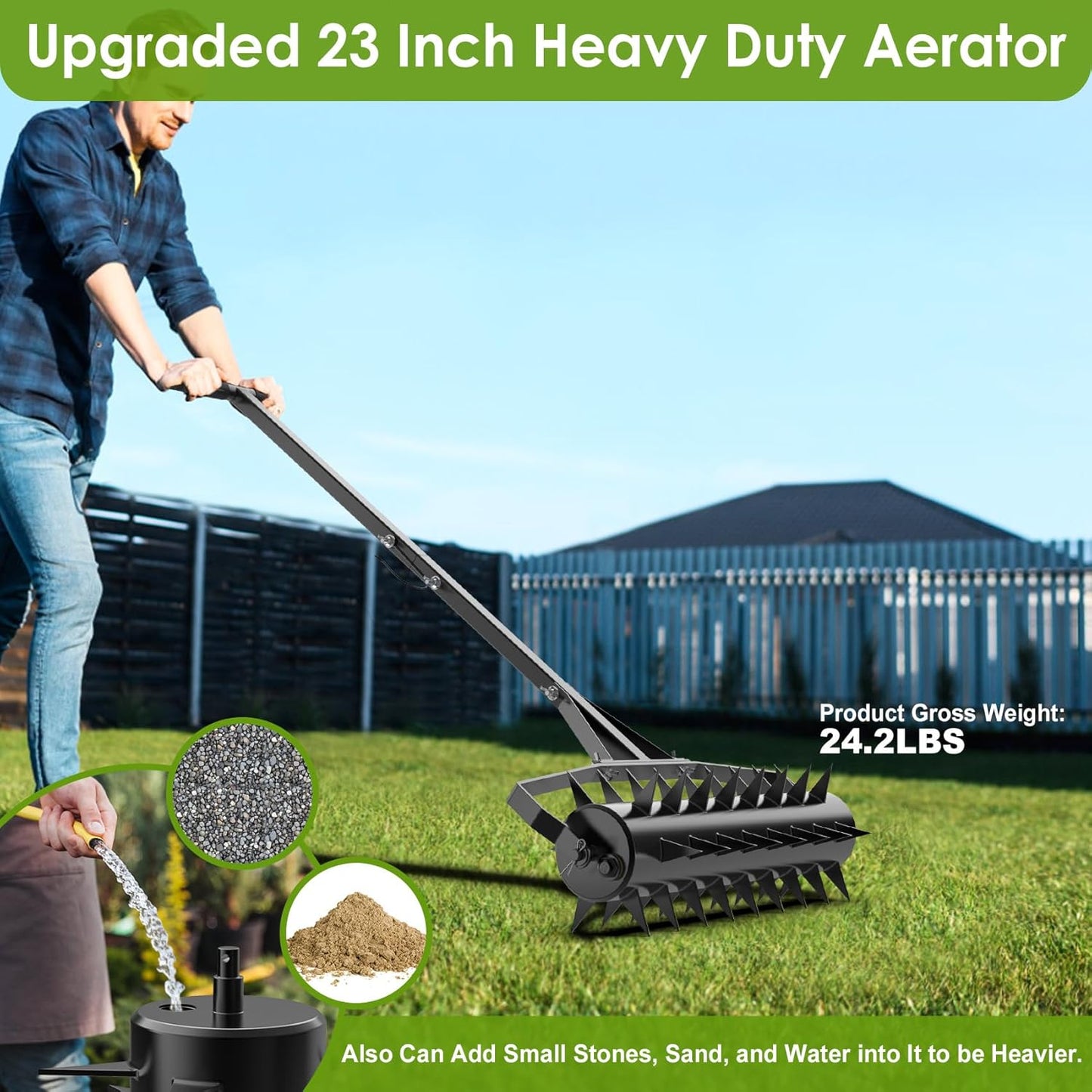 Seeutek 23 Inch Rolling Lawn Aerator - Upgraded Heavy Duty Aerator Lawn Soil Penetrator Spikes w/ 3 Adjustable Height Handles, Manual Aerator Lawn Tool for Garden Yard