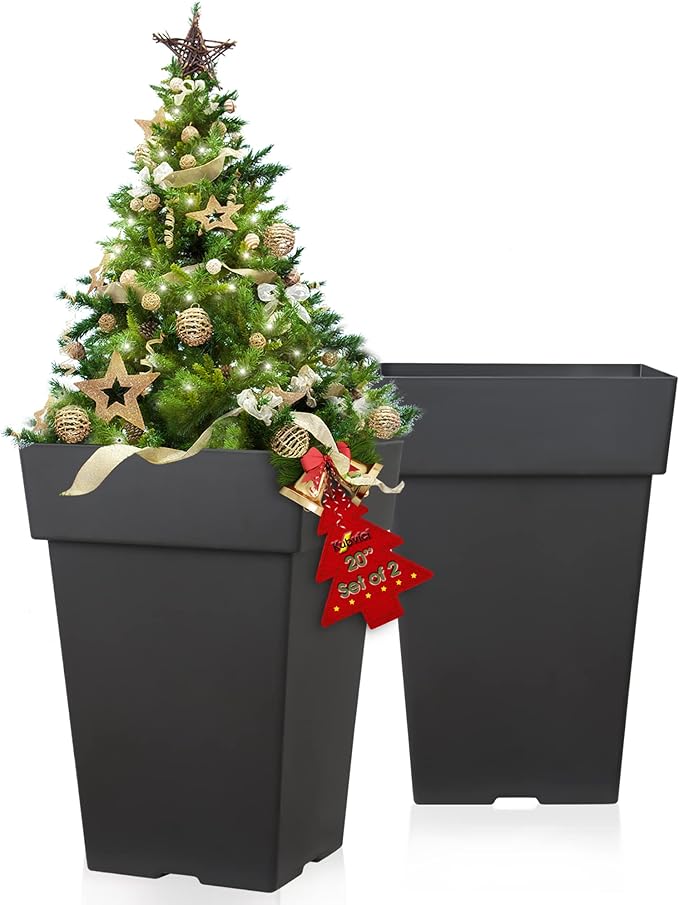 kubvici Tall Planters for Outdoor Plants, 20 Inch Movable Drainage Large Indoor Planters, Set of 2 Plastic Planters for Front Porch Door Garden Balcony Deck, Dark Gray 20"