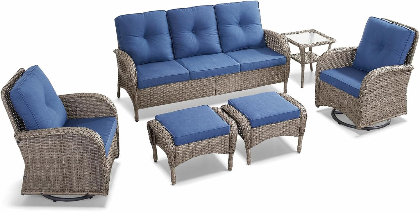 HUMMUH 6 Pieces Outdoor Patio Furniture-PE Rattan Wicker Sofa with Patio Swivel Rocking Chairs Patio Furniture for Deck Lawn Porch Balcony Poolside-Grey/Blue