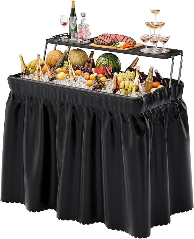 Outdoor Ice Cooler Folding Table with Extra Storage Shelf,Ice Tables for Parties with Drain,Cooler Server for Camping, Picnic, Wedding, BBQ, Black