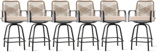 Outdoor Bar Stools Set of 6, Patio Swivel Counter Height Rattan Bar Stools, Patio Wicker Bar Swivel Chairs with Cushion, Outdoor Pool Bar Chairs for Backyard Garden Balcony w /360 Rotation