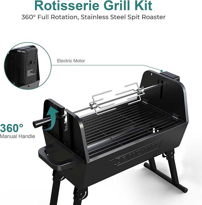 Brand‑Man 2‑in‑1 Charcoal BBQ Grill with Motorized Rotisserie – Portable, Foldable Grill, 257 sq in Outdoor BBQ Grill for Camping & Tailgate, Adjustable Height, Dual Vents