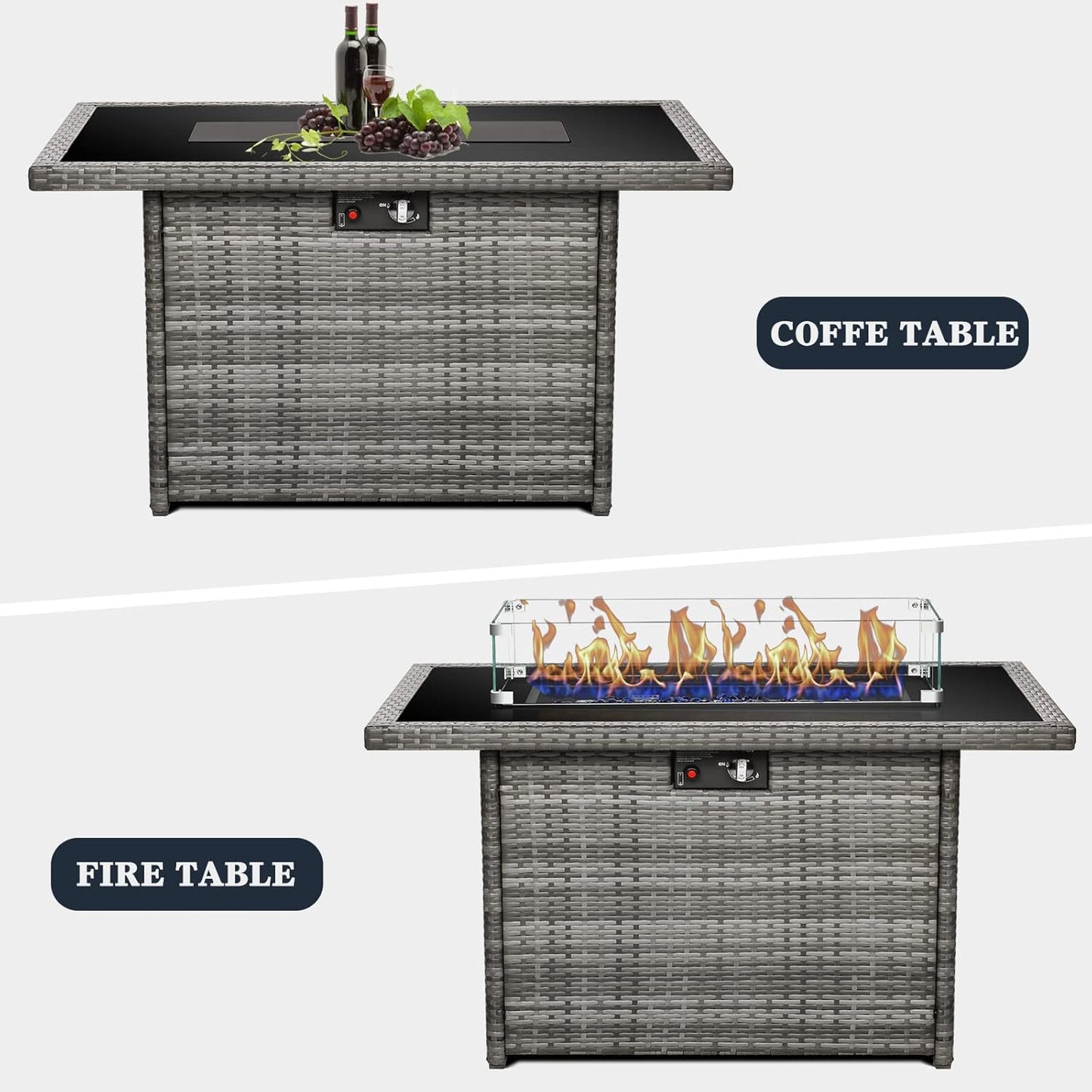 44 Inch Propane Gas Fire Pits Table for Outside Patio, 60000 BTU Rectangular Outdoor Wicker Rattan Fire Pit with Glass Wind Guard