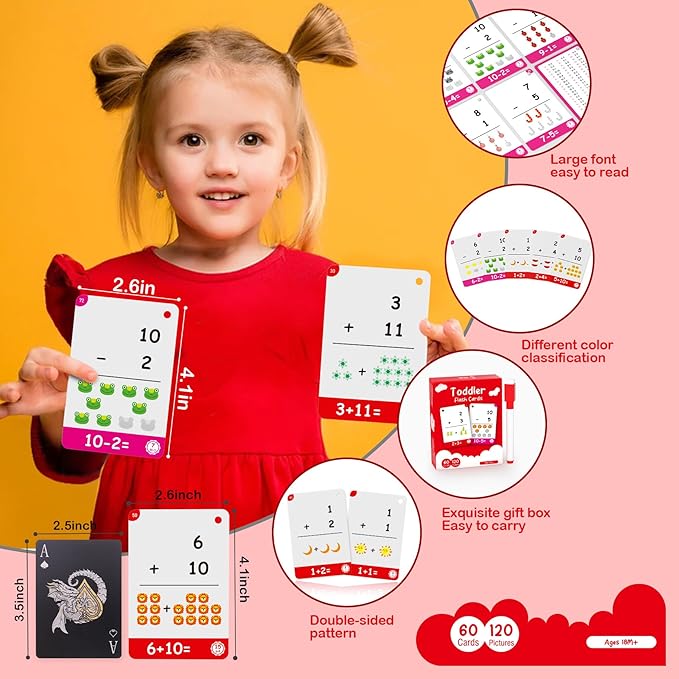 60Cards, 120 Pictures Math Flash Cards for Kindergarten,1ST, 2ND, 3RD Grade, Addition Subtraction Flash Cards for Kids Ages 6,7,8,9,10 Years