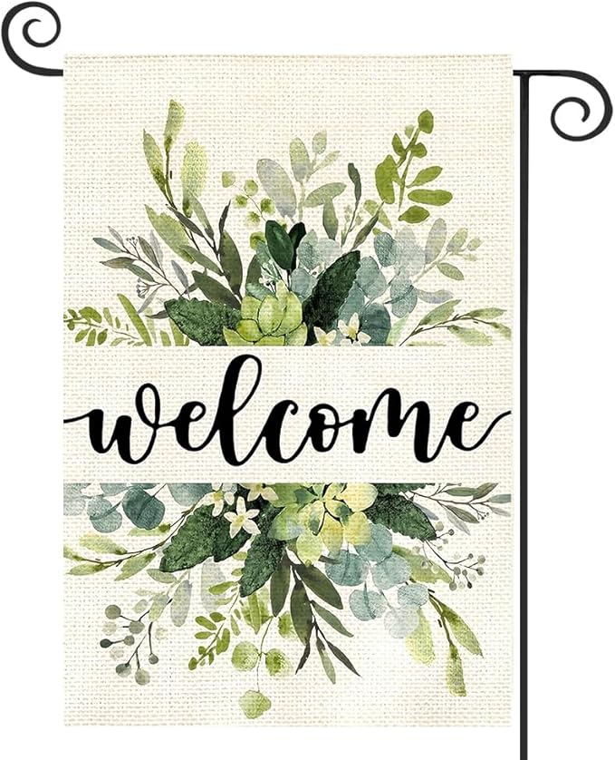 Spring Floral Welcome Garden Flag 12x18 Inch Double Sided Outside, Eucalyptus Seasonal Farmhouse Yard Outdoor Flag