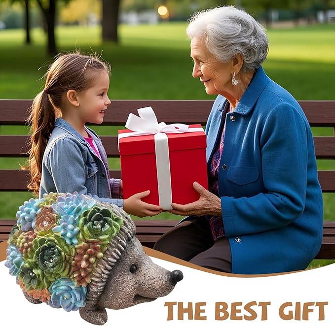 J.CARP Outdoor Solar Garden Hedgehog Statue with Succulents and 7 LED Lights, Decorations for Garden, Patio, Lawn, Outdoor Yard and Deck, Unique Housewarming Gifts