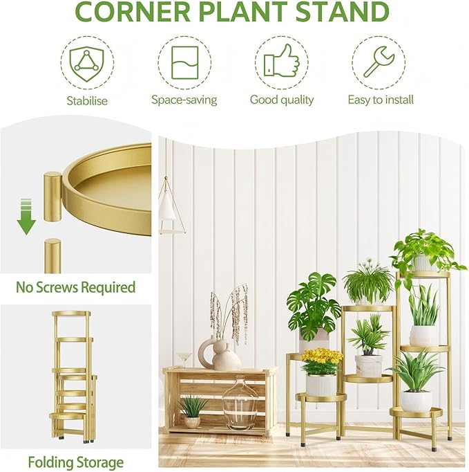 iDavosic.ly 7 Tier Large Plant Stand Indoor, 10 Inch Wide Tall Corner Metal Plant Stands Outdoor for Multiple Plants, Folding Tiered Flower Display Holder Rack Shelf, Gold