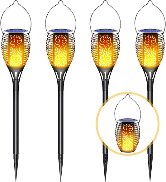 Solar Torch Lights Outdoor, Realistic Flickering Flame Solar Tiki Torches, 3-in-1 Fire Effect Hanging Lanterns with Detachable Hook, Auto On/Off for Garden, Pathway Lighting (4 Pack)