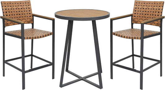 3 Piece Bar Height Patio Table and Chairs Set, High Top Bistro Set with Fauxwood Armrest, Outdoor Bar Stools and Table Sets for Garden, Backyard, Home, Balcony