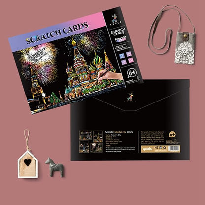 Georgie Porgy Scratch Paper Art A4 Set for Kids Adults Magic Rainbow Scratch Postcards Boards for DIY Arts and Crafts Kits Christmas Birthday Gift with Scratching Tools Kit (Beauty+Fireworks City)