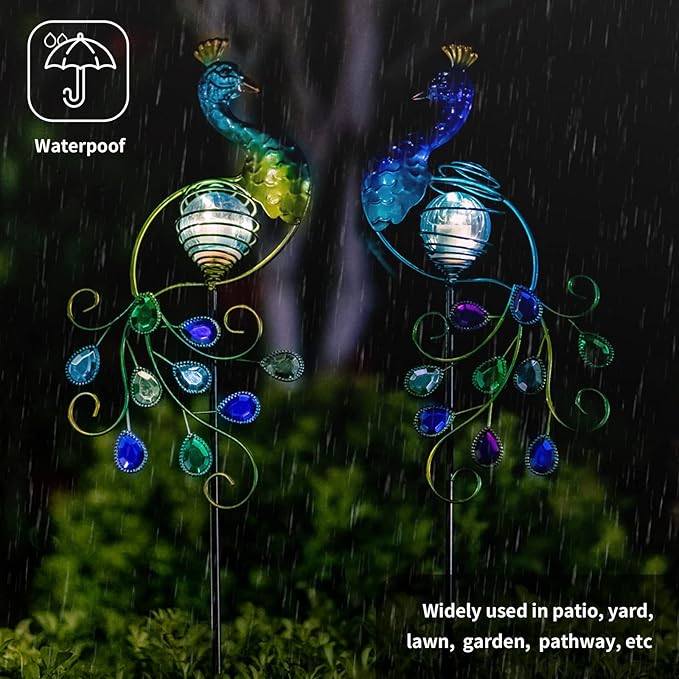 Viveta Garden Solar Lights Decorative, 2 Pack Metal Peacock Solar Lights Stake for Outdoor Garden Patio Yard Lawn Decorations