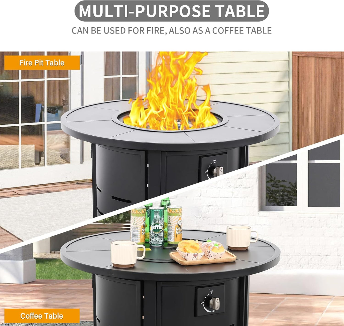 30 Inch Fire Tables Round Tabletop 50000 BTU Outdoor Fire Pits for Outside Steel Gas Fire Table with Fire Pit Lid Waterproof Cover, Black