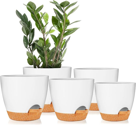 GARDIFE Plant Pots 7/6.5/6/5.5/5 Inch Self Watering Planters with Drainage Hole, Plastic Flower Pots, Nursery Planting Pot for All House Plants, Succulents,Snake Plant, African Violet, Flowers,White
